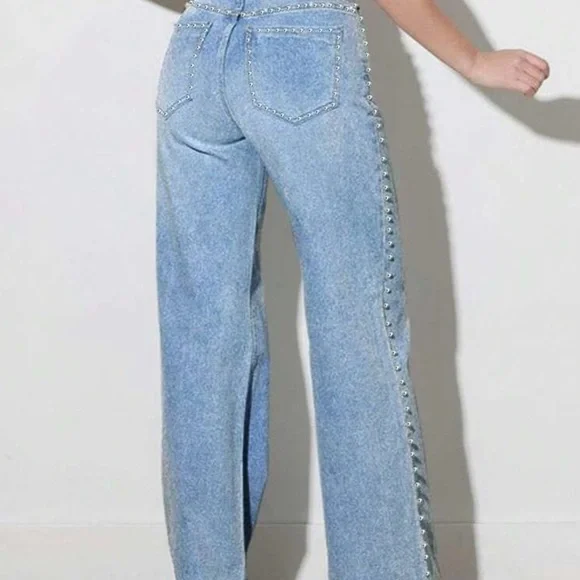 Women's Light Blue Flared Jeans with Silver Stud Accents - Picture 6 of 12